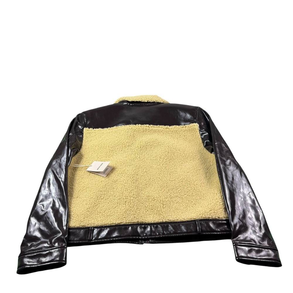 Mother Faux Brown Leather Sidecar Full Zip Sherpa Womens Jacket Size XL NWT - Picture 2 of 6